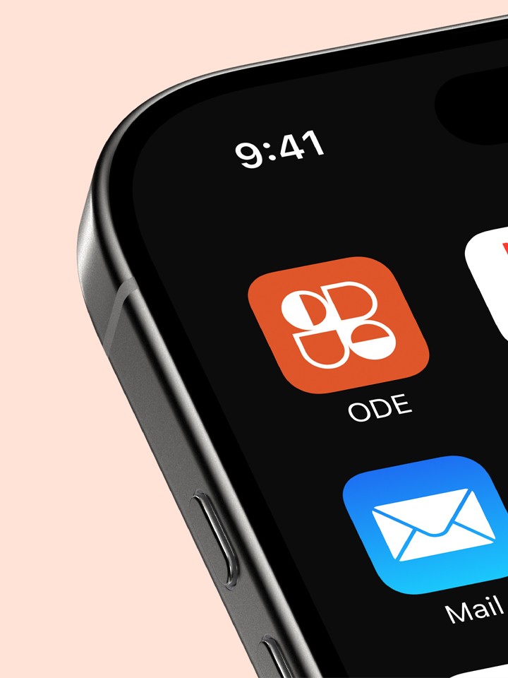 Corner of a black smartphone screen against a peach backdrop, showing the ODE app icon (red-orange rounded square with white geometric logo) next to the Mail icon, with the time reading 9:41.