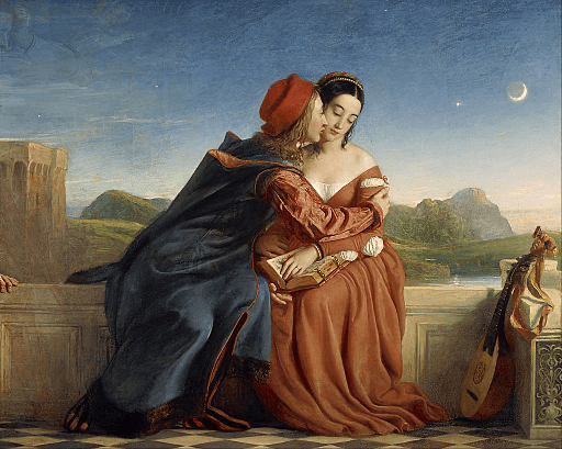 Two figures share a tender embrace against a scenic background of mountains and a river.