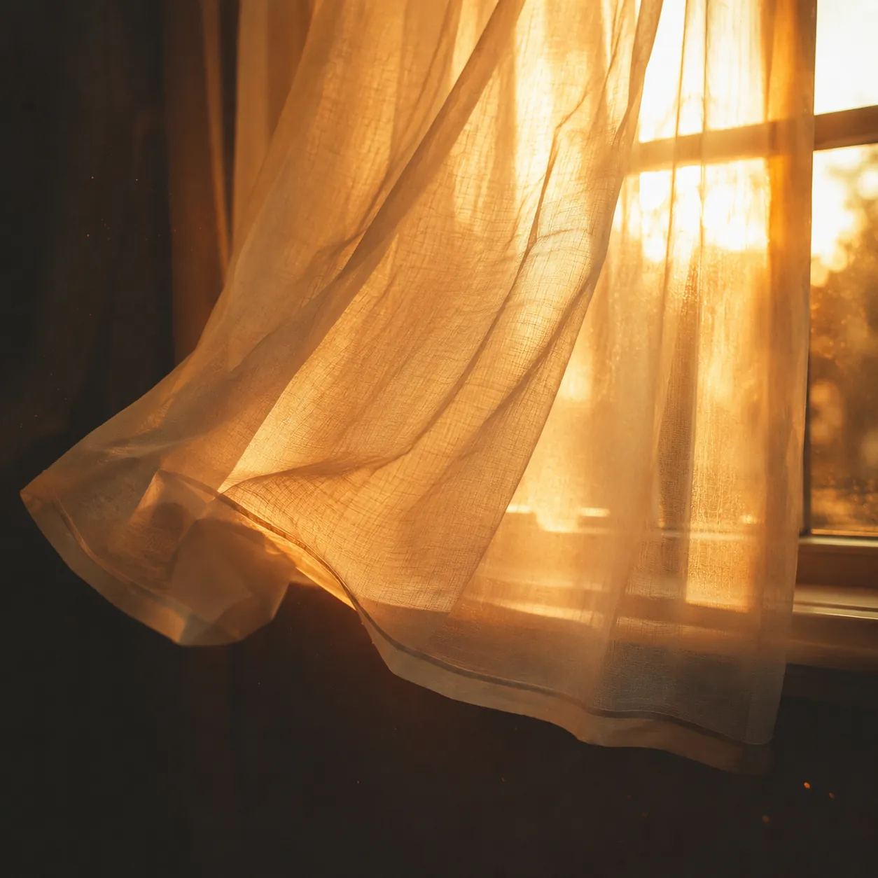 Sheer curtain billowing in golden light at an open window