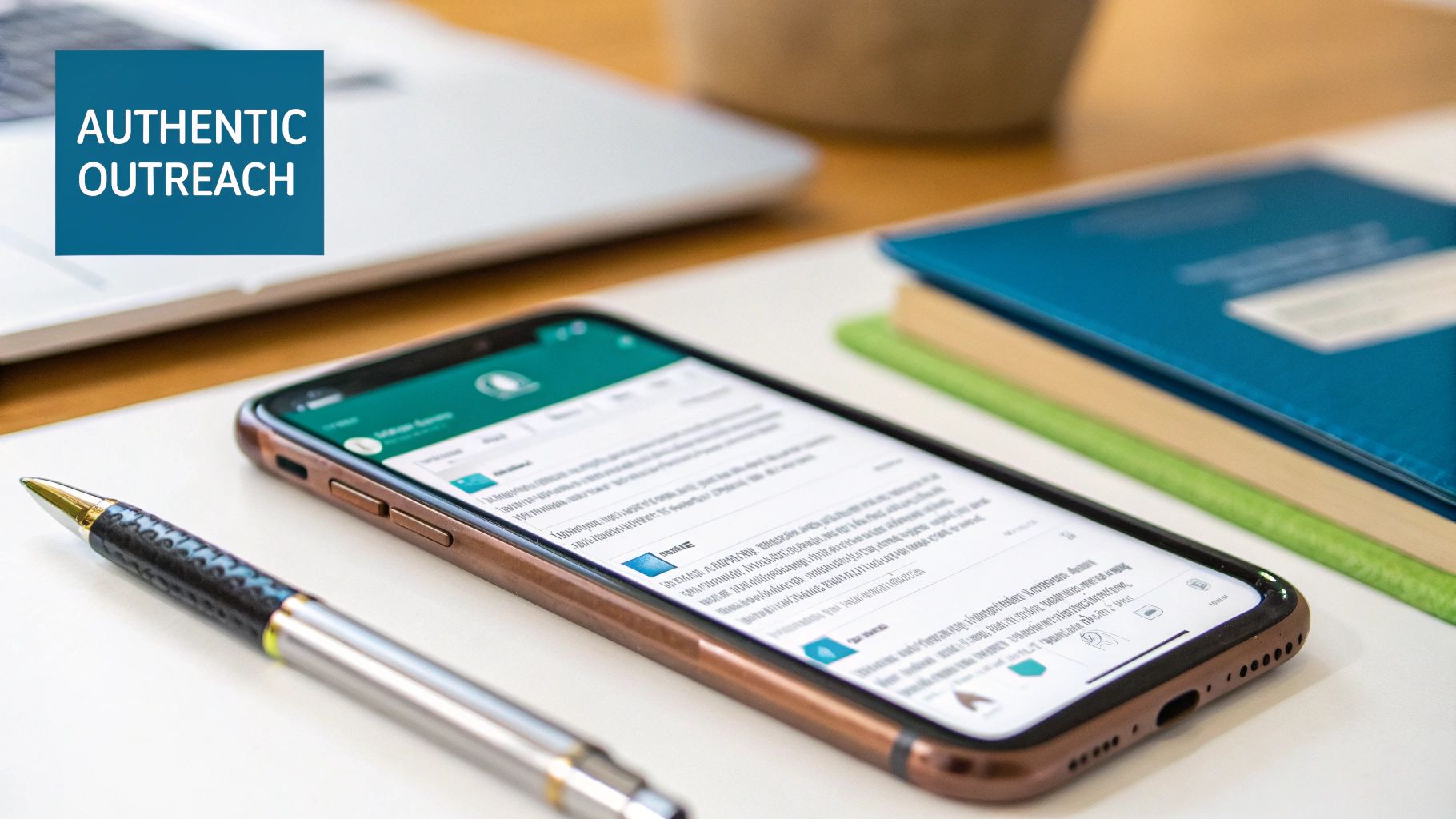 A smartphone displays a social media feed next to a pen, laptop, and books, with 'AUTHENTIC OUTREACH' text.