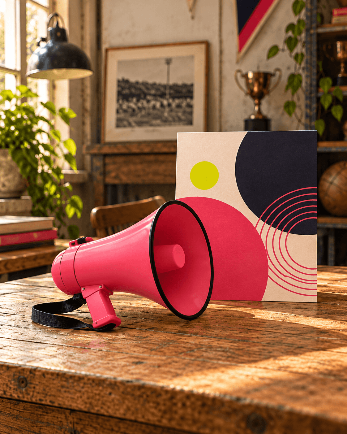 Mégaphone rose et affiche de campagne graphique dans un club sportif rétro.