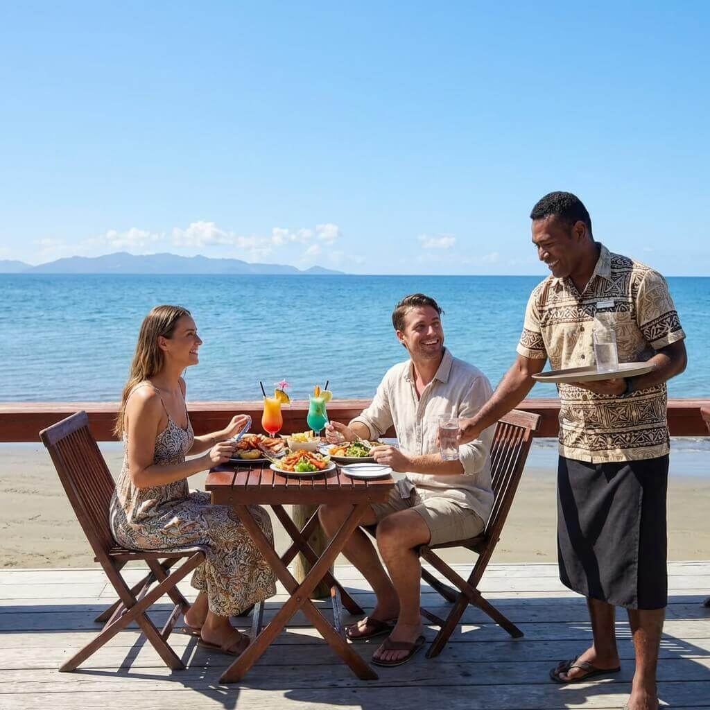 A couple enjoying lunch with a male staff member serving them at Uprising Resort on the beachfront at Fiji