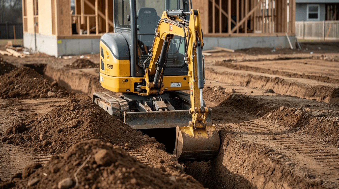 A close-up view of a yellow mini excavator parked on a residential building site, surrounded by dirt and visible trenches, showcasing the necessary equipment for construction projects. This scene highlights the importance of equipment finance options for tradies looking to grow their business while managing cash flow and repayment structures.