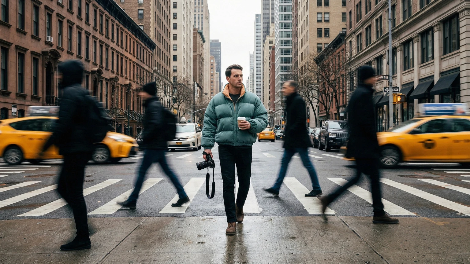 Street style photography of a teal insulated puffer jacket with a high tan collar, modeled in a metropolitan city setting.