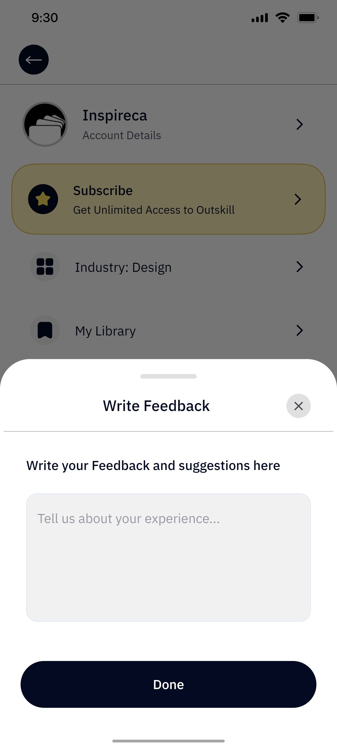 Outskill Write Feedback screen
