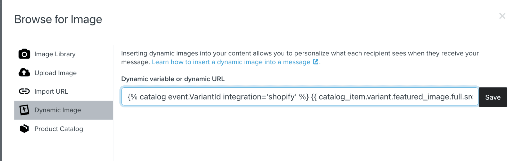 2 Make Back-in-Stock Emails Personal.png: Klaviyo editor displaying dynamic image settings for Shopify integration with a highlighted code snippet.