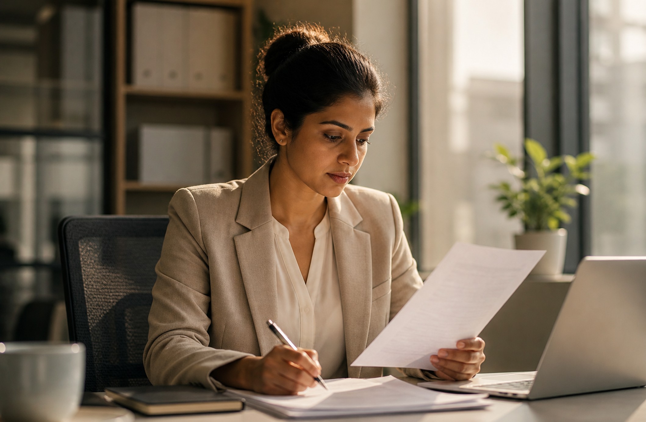 Working women on her desk looking at papers