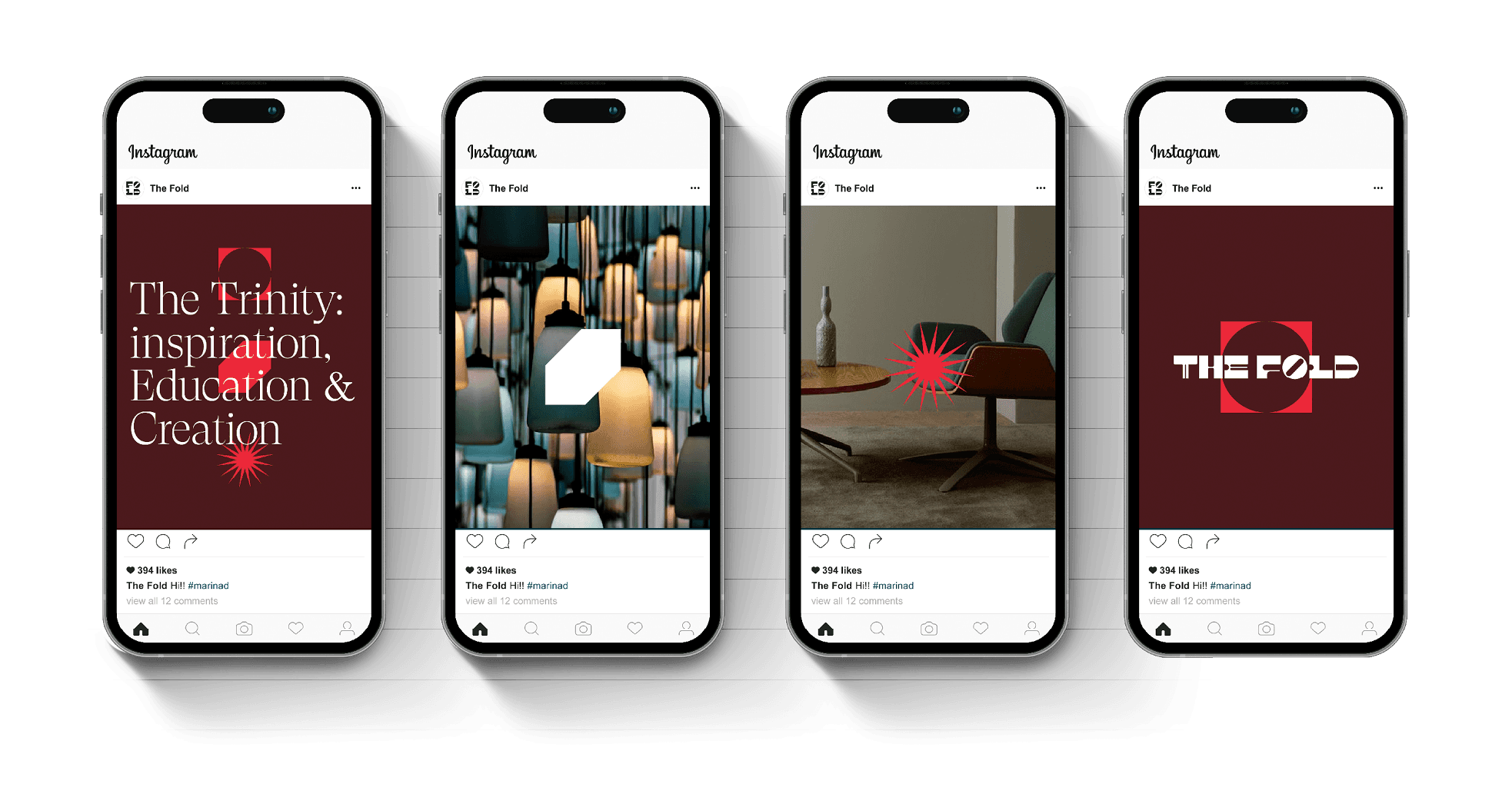 4 iPhones with a set of social posts for The Fold