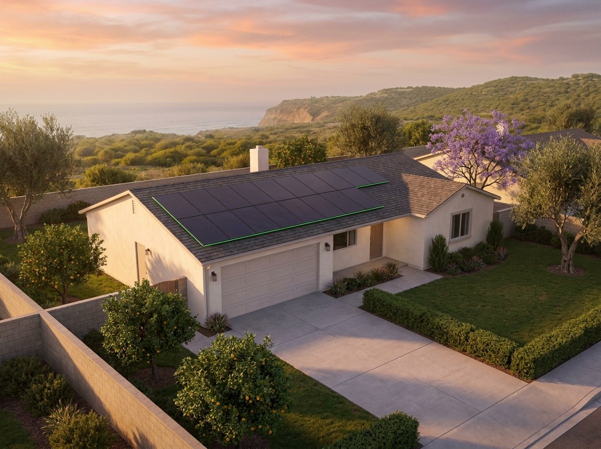A coastal San Diego County home with a full owned rooftop solar array at golden hour