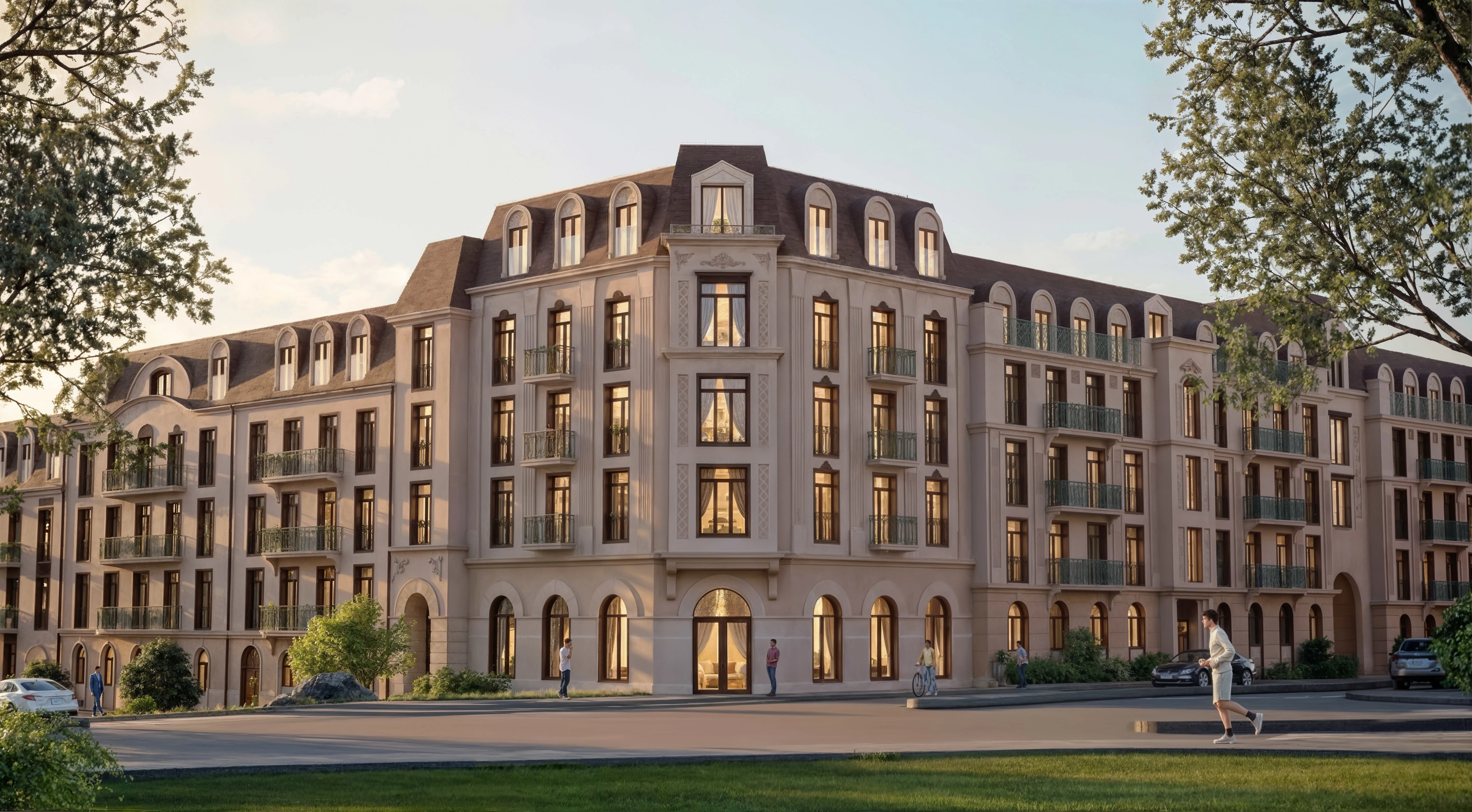 HasleHaven boligprosjekt – klassisk bygård i varme kveldstoner med buede vinduer, balkonger og aktivt gateplan