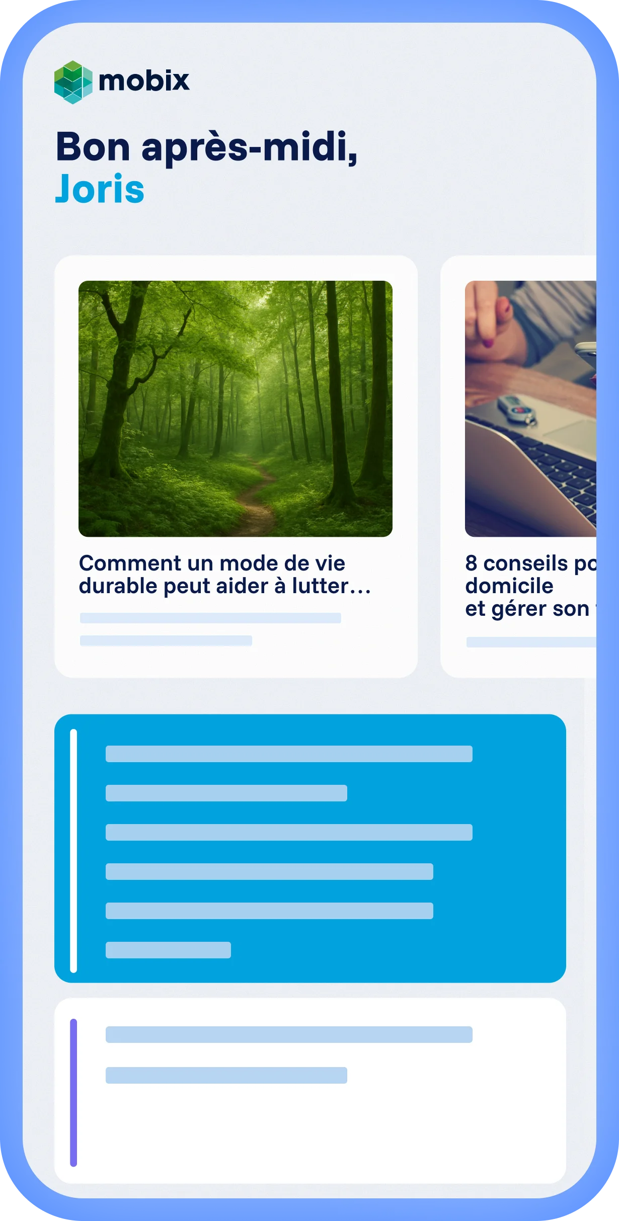 Plateforme Spencer avec expérience locale et branding Mobix personnalisé, fil d’articles personnalisé et mise en page claire