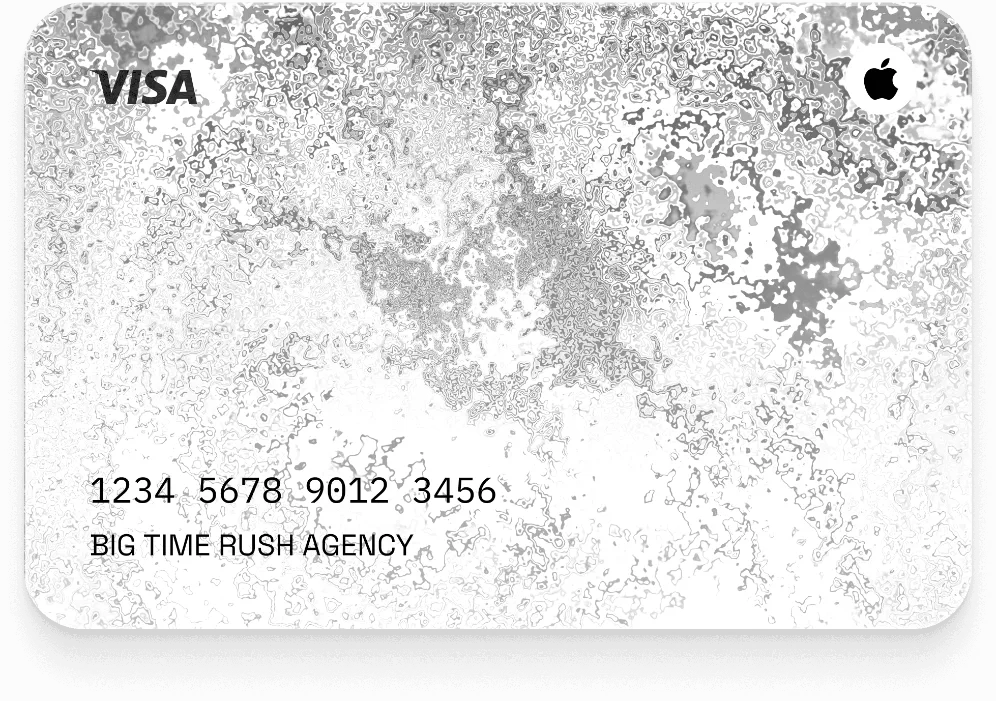 Silver Visa card with Apple Pay logo, sample card number, and cardholder name Big Time Rush Agency.