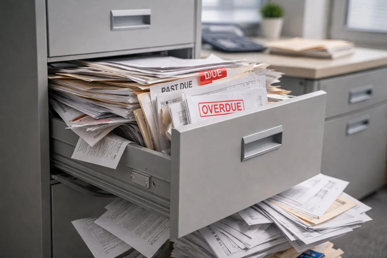 Open filing cabinet drawer with overdue documents spilling out, symbolizing missed deadlines and potential penalties in a neutral office setting.