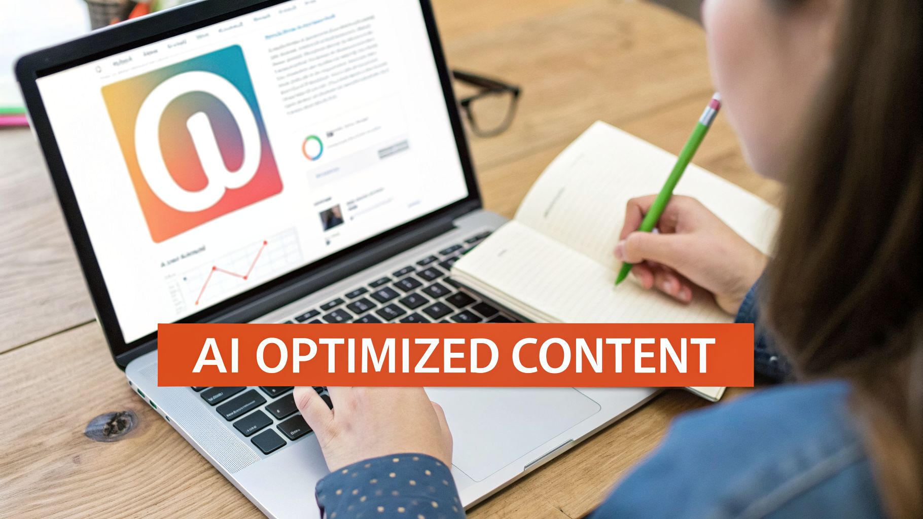 A person types on a laptop and writes in a notebook with 'AI Optimized Content' overlay.
