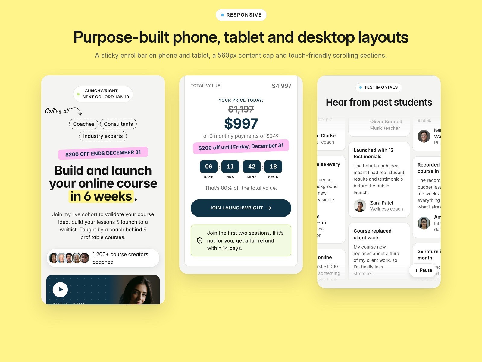 Enrolla's hero, price and testimonials sections on phone