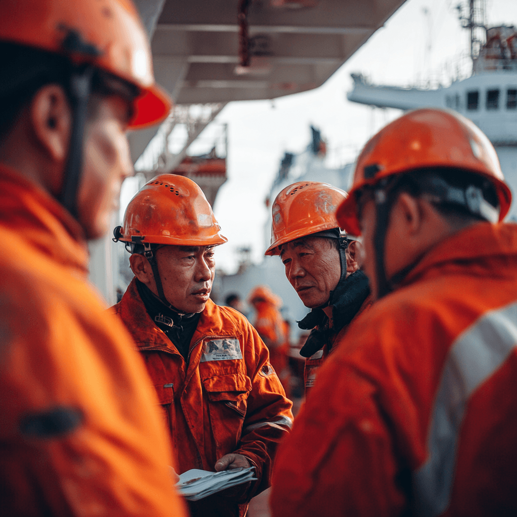 Asian tanker officers discussing safety management system for ISM compliance