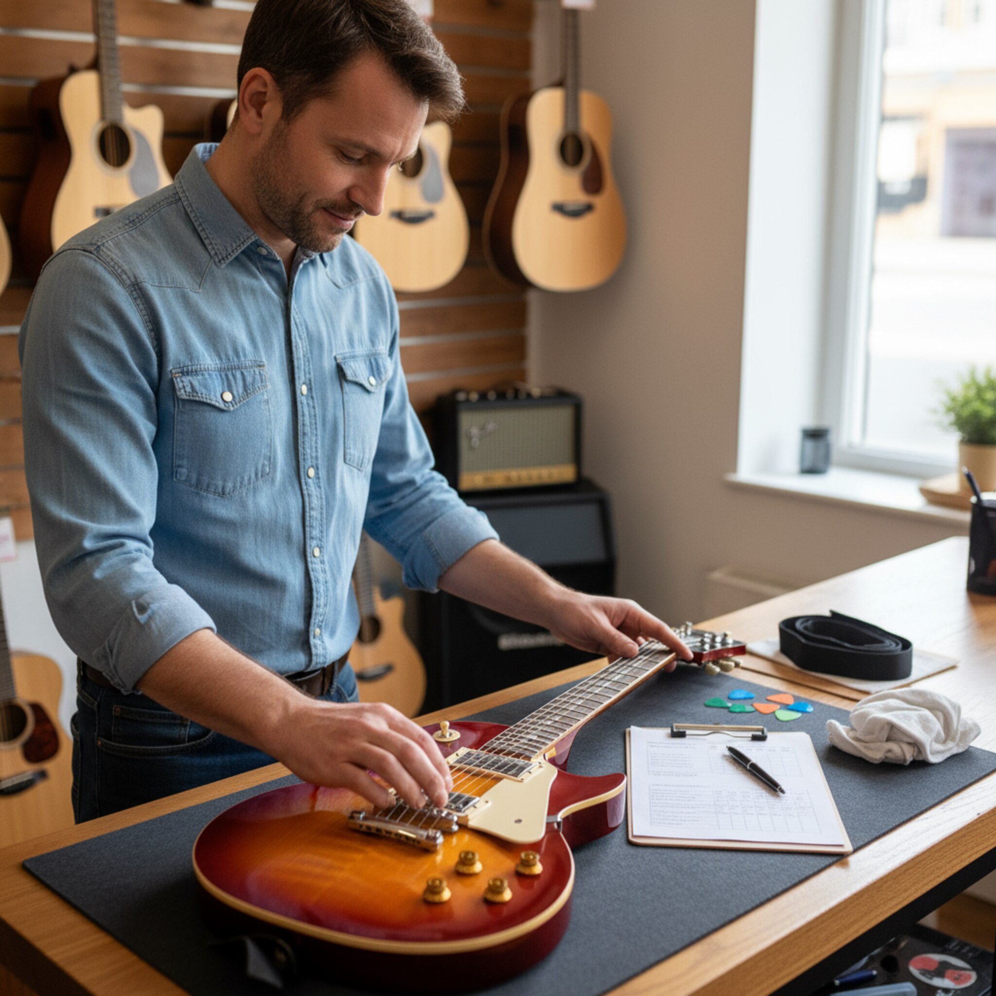 Am Tresen prüft ein Mitarbeiter eine E-Gitarre, fährt mit den Fingern über den Hals und kontrolliert die Saitenlage. Daneben liegen Plektren, Gurt und ein Tuch bereit. Die Szene ist ruhig und sorgfältig, ideal für eine saubere Übergabe mit klar dokumentiertem Zustand.