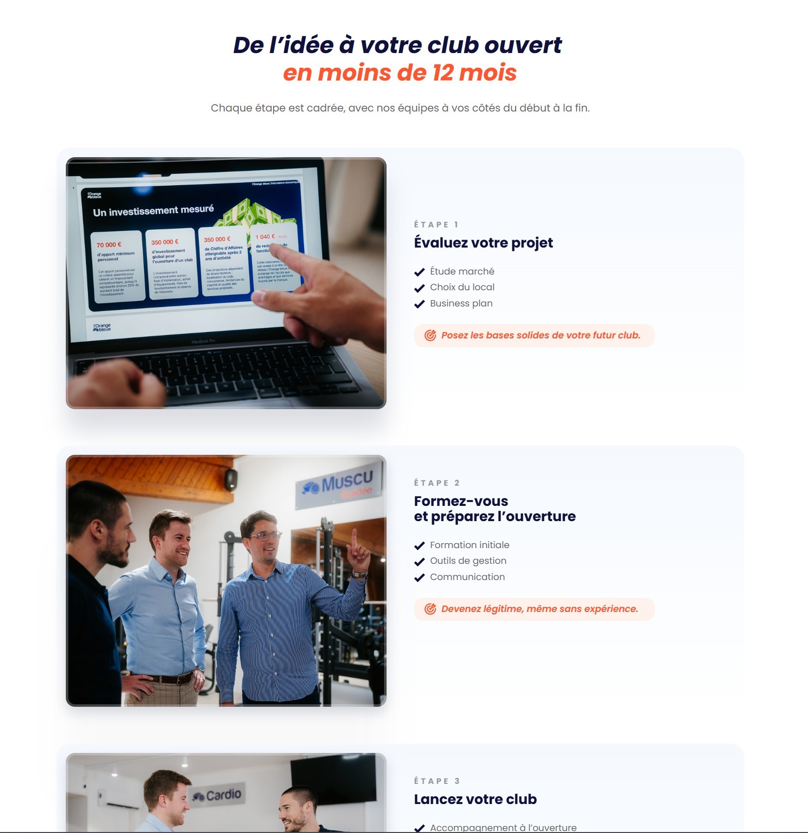 section étapes landing page orange bleue