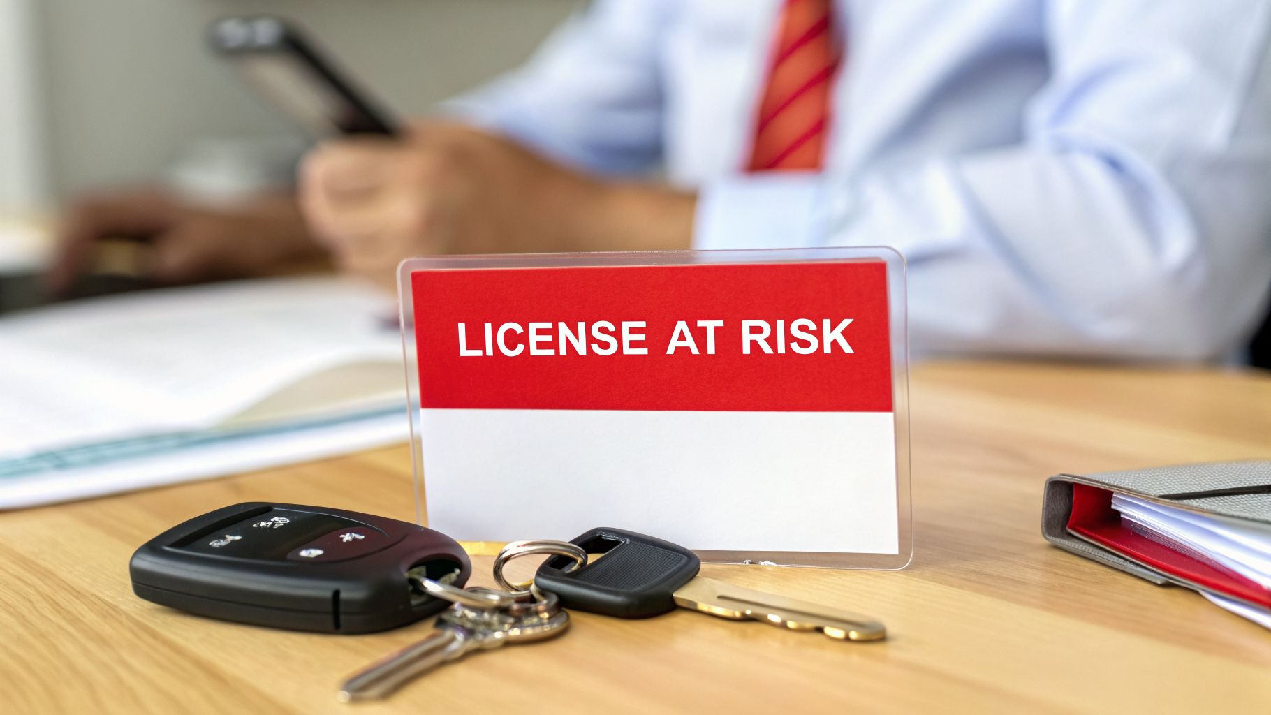 A 'LICENSE AT RISK' sign on a desk with car keys, implying legal consequences for drivers.