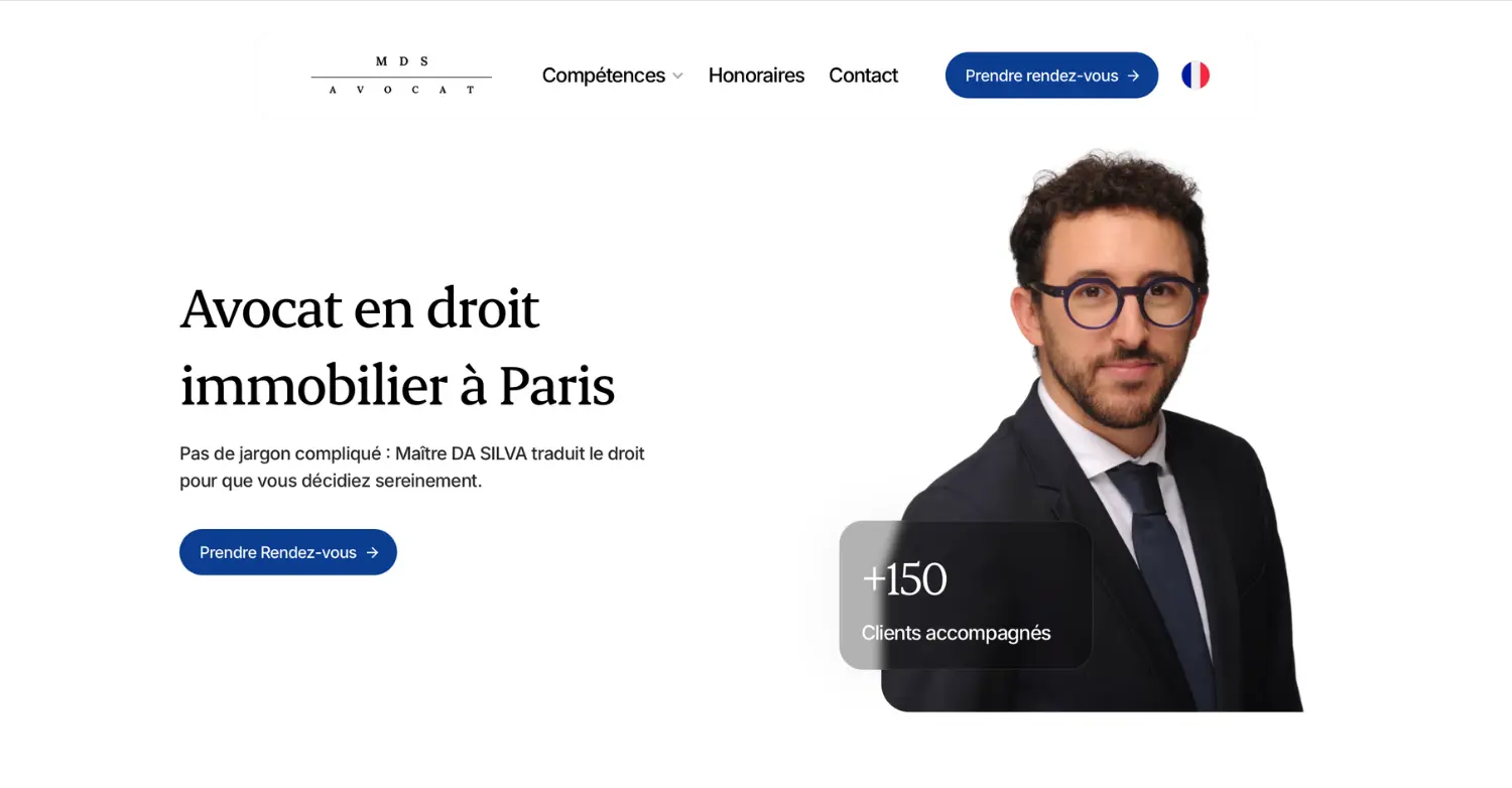 Hero section du site internet MDS Avocat, avocat en droit immobilier à Paris, présentant un design professionnel et une interface optimisée pour la prise de consultation