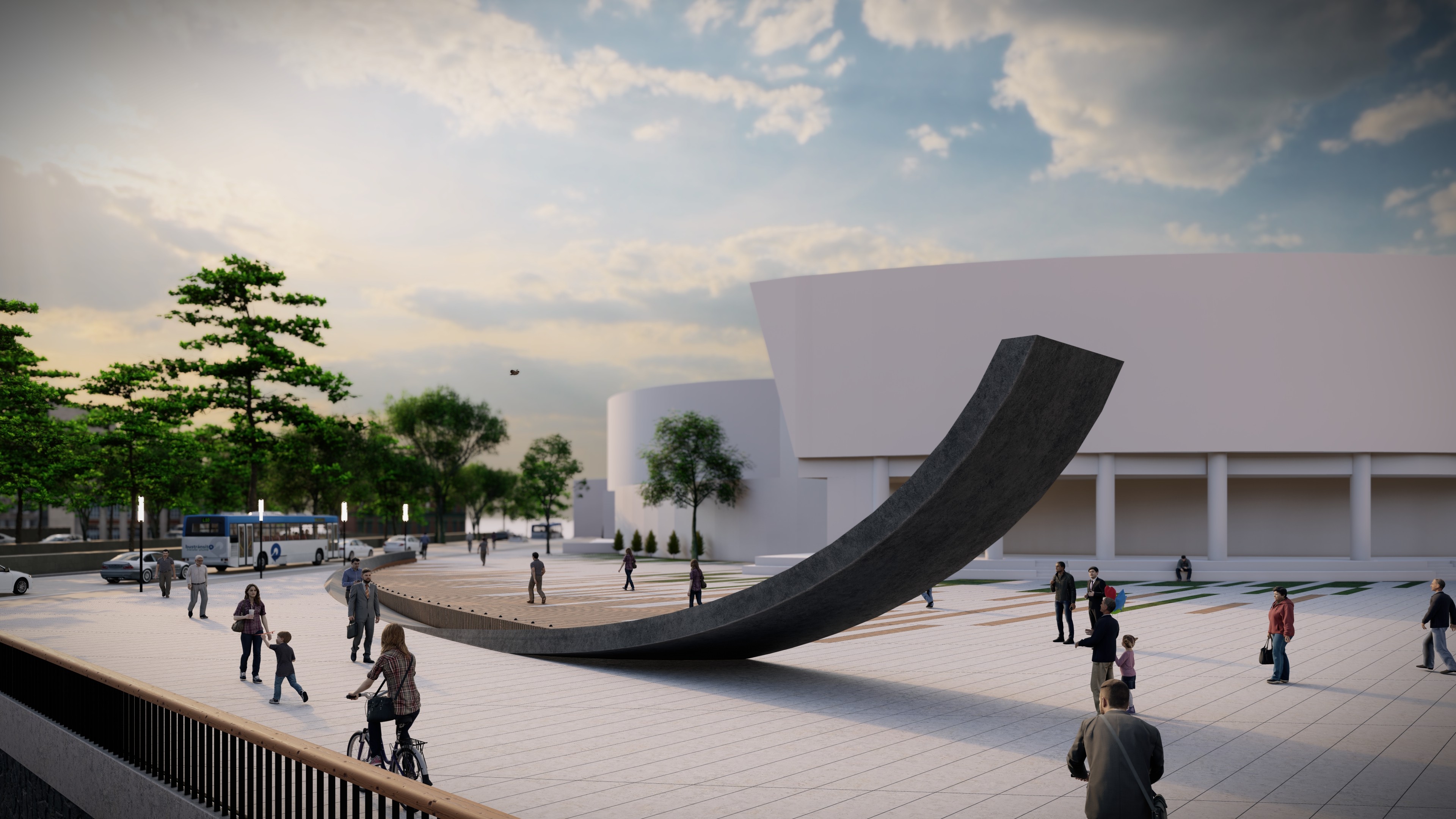 Architectural rendering of a public plaza featuring a curved concrete sculpture, modern urban landscape, and people interacting in an open city space under a cloudy sky.