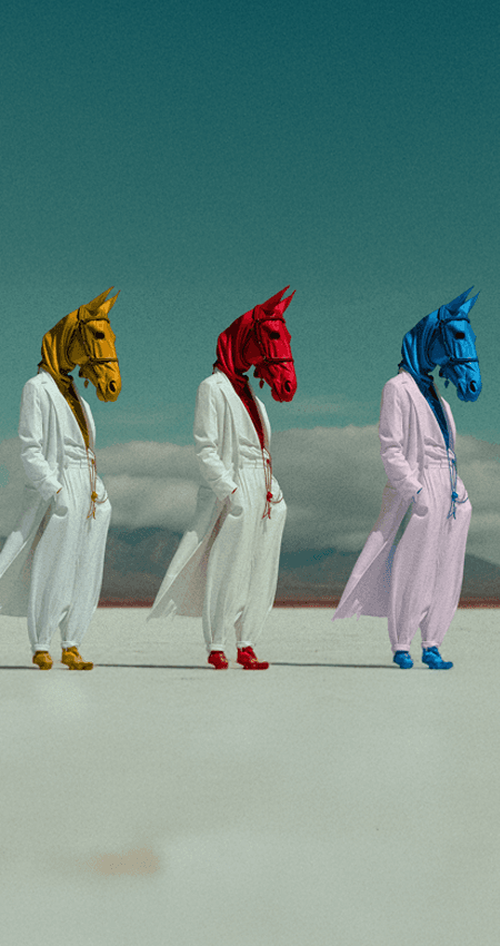 Surreal image of three figures wearing colorful horse masks and trench coats, representing Quickie Studio’s imaginative, unconventional approach to creative design and branding.