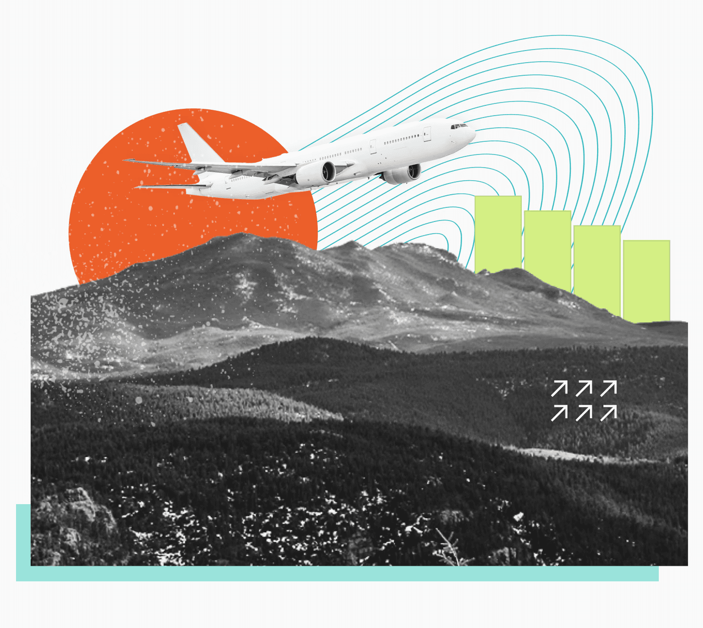 Collage-style illustration representing a plane ascending over a landscape