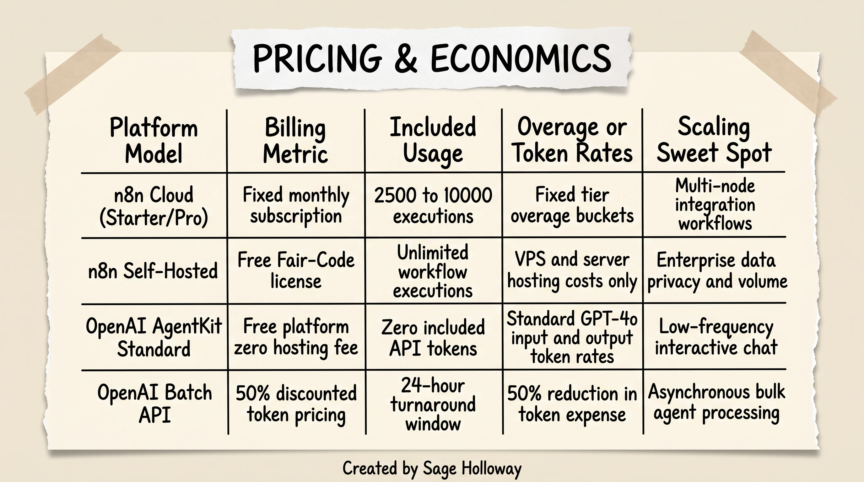 Comparison table of n8n execution-based pricing versus OpenAI token-based billing and self-hosted infrastructure costs