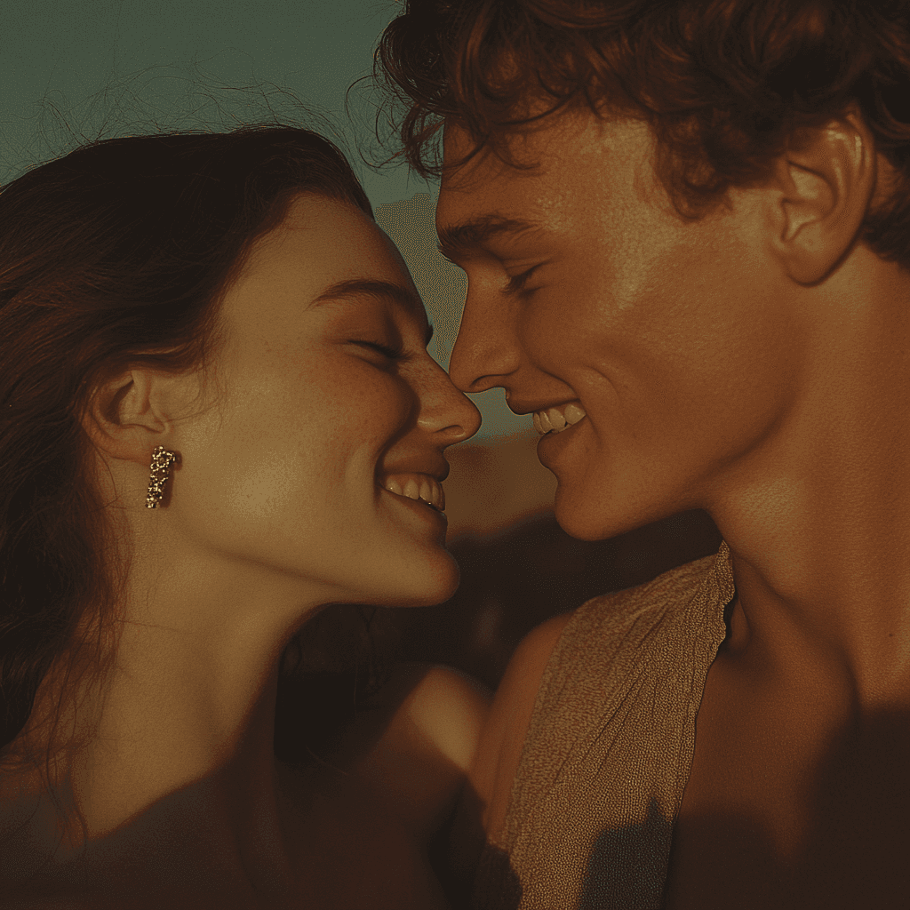 A close-up of a smiling couple leaning in with their noses almost touching, radiating warmth and happiness in soft, golden lighting.