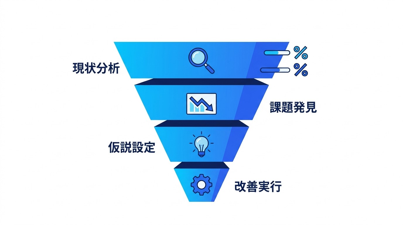 LPO改善の4ステップフロー。現状分析→課題発見→仮説設定→改善実行のサイクルを2週間単位で回すことで、継続的なCVR向上を実現できる。