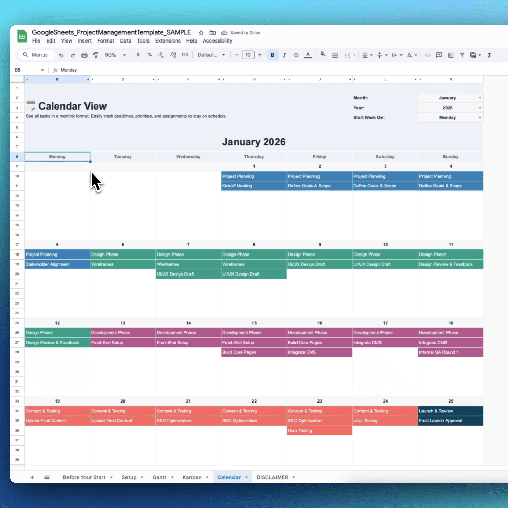 Google Sheets project management calendar view – monthly task grid showing Project Planning, Design Phase, Stakeholder Alignment, and development tasks in color-coded blocks