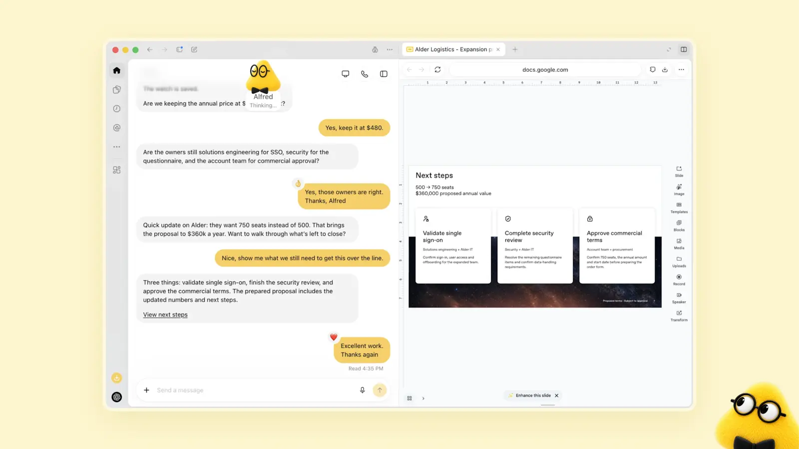 ChatGPT Dot Alfred gleicht in der Desktop-App ein Angebot für einen Firmenkunden mit einem Dokument ab