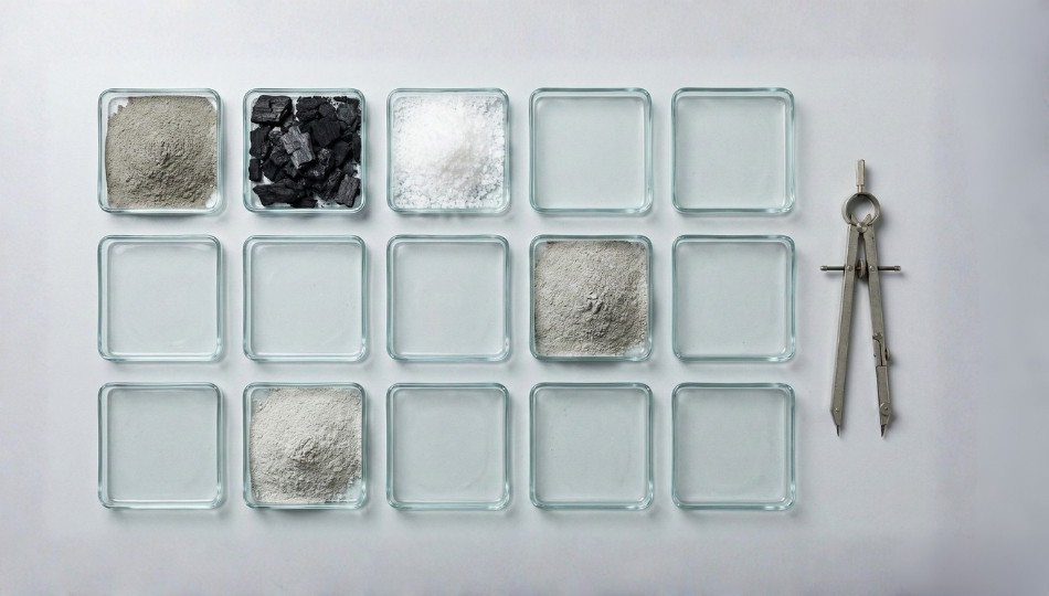 A close-up photograph of a minimalist atelier workbench made of raw, honed stone