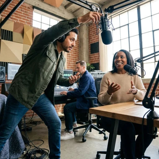 Équipe de professionnels en plein enregistrement dans un studio de podcast, ajustant le matériel de captation et échangeant avec une invitée, illustrant notre expertise en Production audiovisuelle pour donner vie à vos projets via nos services de production de podcasts.