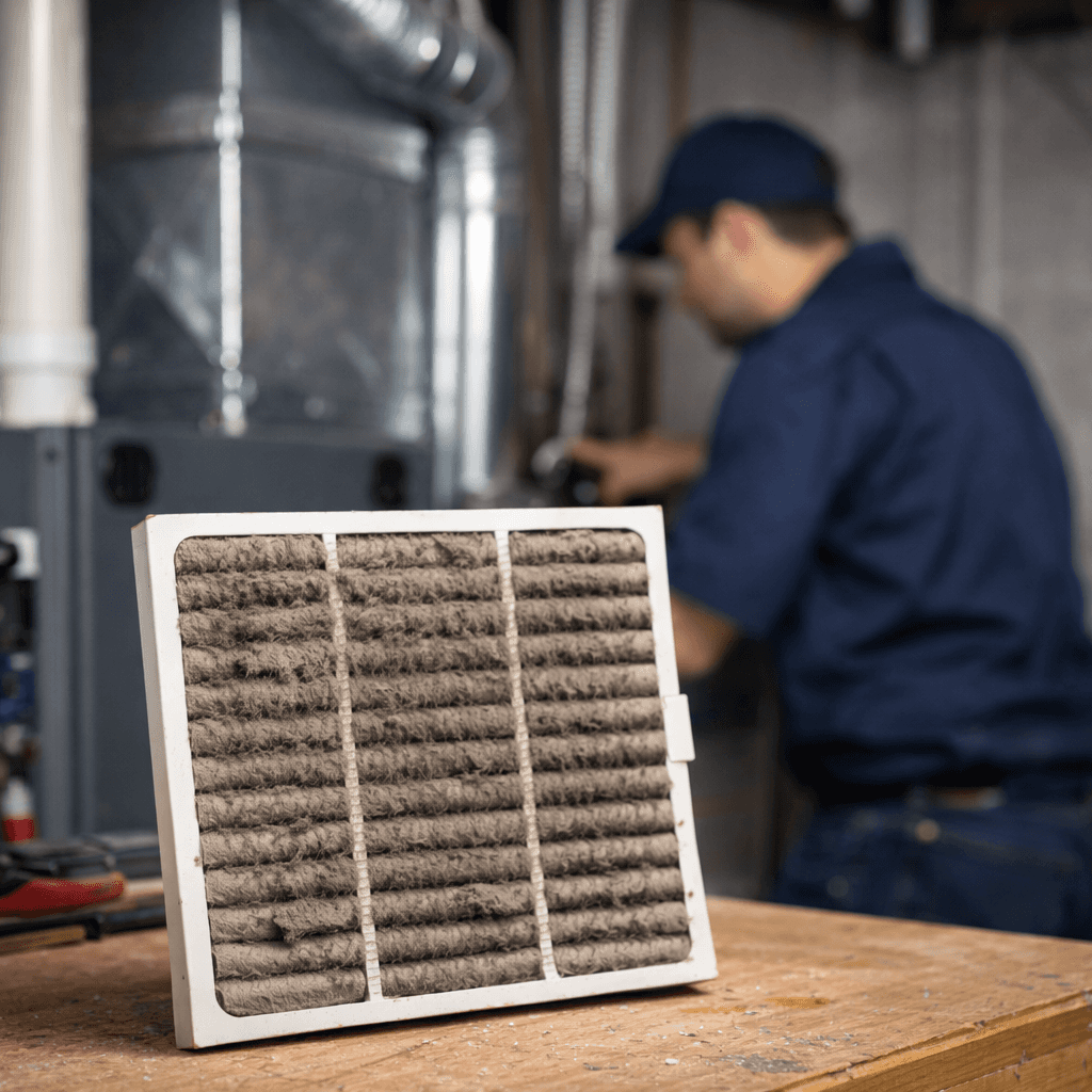 dirty air filter on workbench, thermostat close up heating mode, floor air vent inspection, furnace maintenance technician, cozy home heating interior