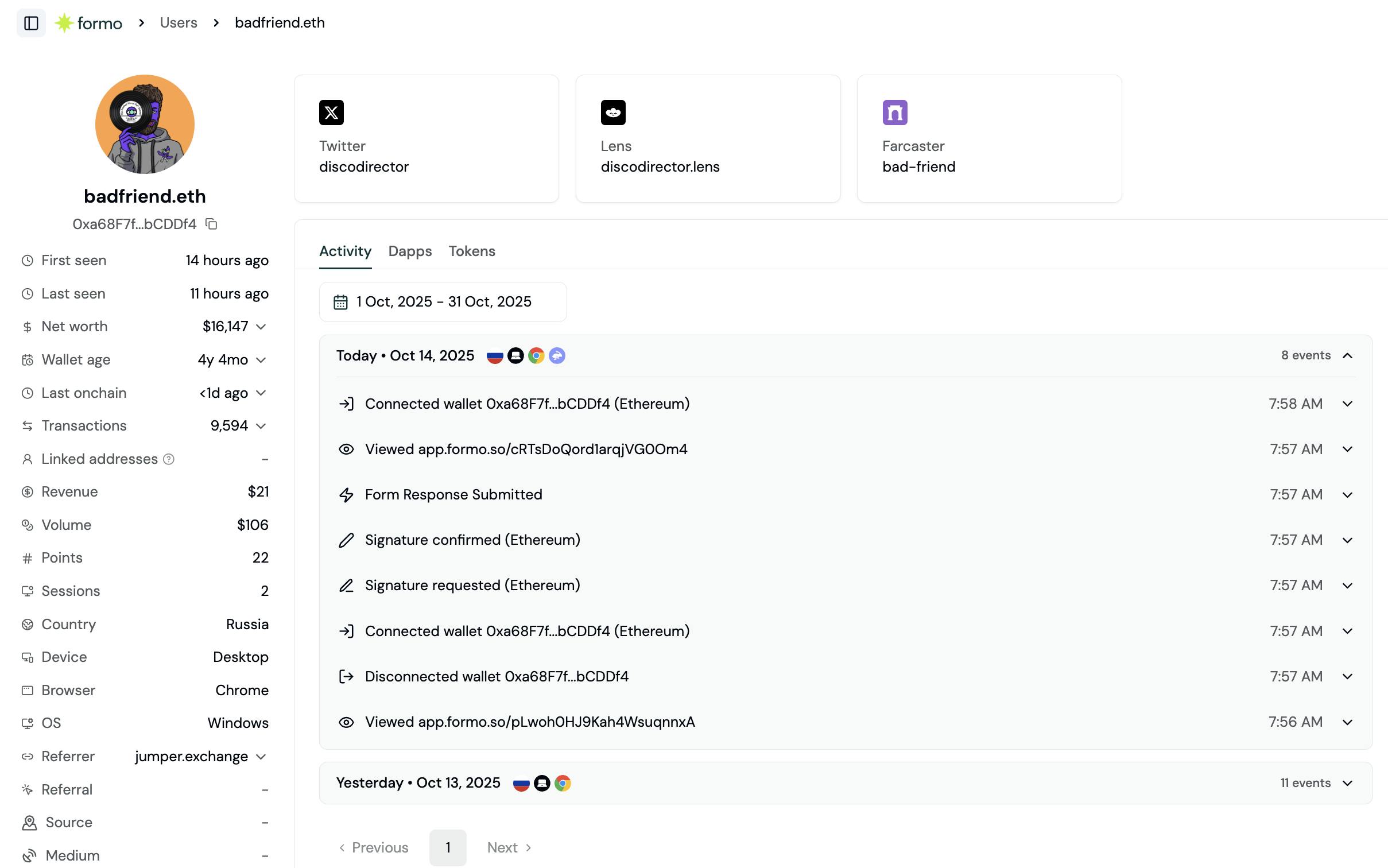 Wallet profiles on Formo