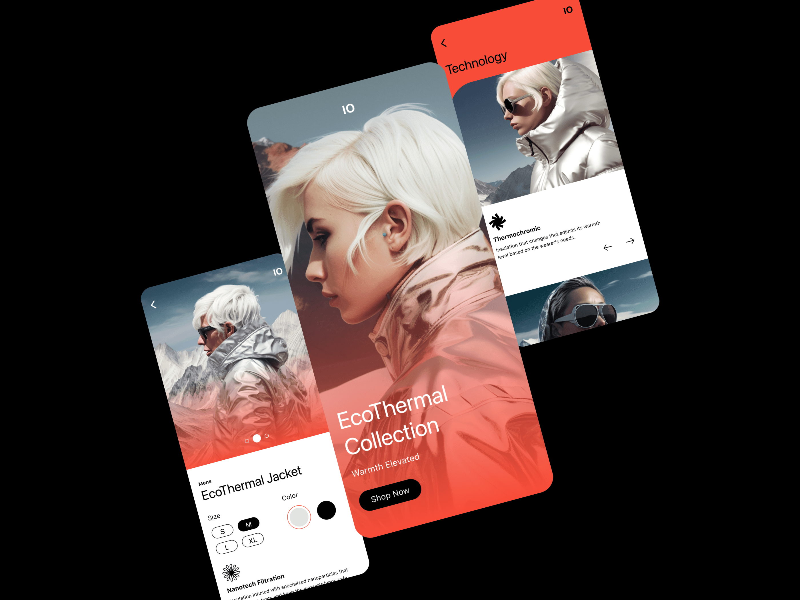 A graphic representation of a mobile interface showing the EcoThermal Collection. There are three stacked mobile screens, each featuring a different aspect of the collection. The foremost screen displays a futuristic-looking model in a thermal jacket with the call-to-action 'Shop Now.' The interface design includes a circular navigation element with an arrow pointing right, suggesting interaction to view Adam Sinda's sketchbook page. The overall design has a sleek, modern aesthetic with a red and white color scheme.