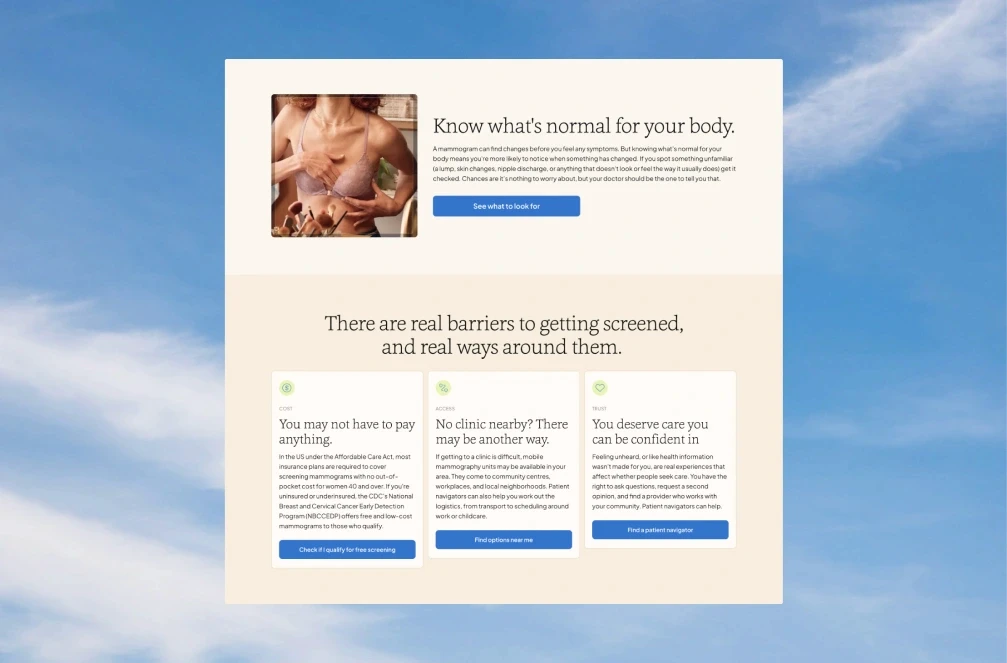 Desktop website layout with a hero section titled 'Know what's normal for your body' next to an image of a breast self-check, followed by three informational cards on cost, access, and trust.