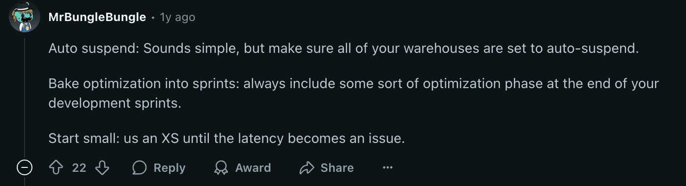 Screenshot of a Reddit comment urging teammates to set auto-suspend on all warehouses so idle seconds don’t burn credits.
