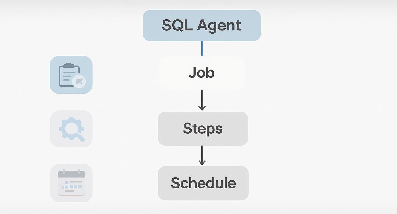 SQL Agent workflow diagram showing hierarchical structure from job to steps to schedule components