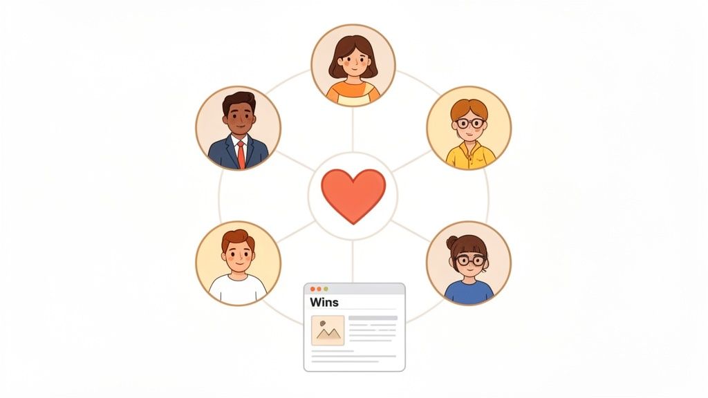 Diverse team members connected by a central heart and a 'Wins' browser window, symbolizing collaboration.