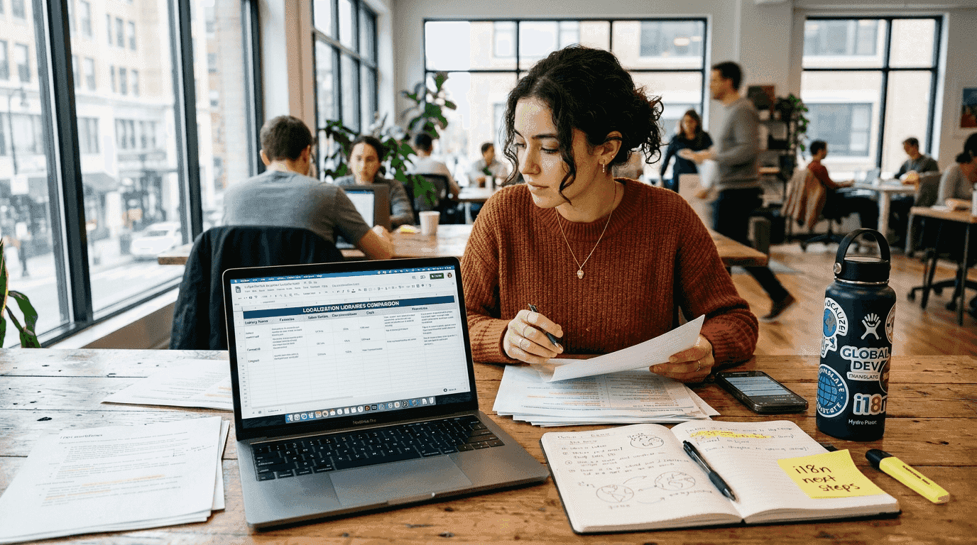 Developer comparing localization libraries at coworking table