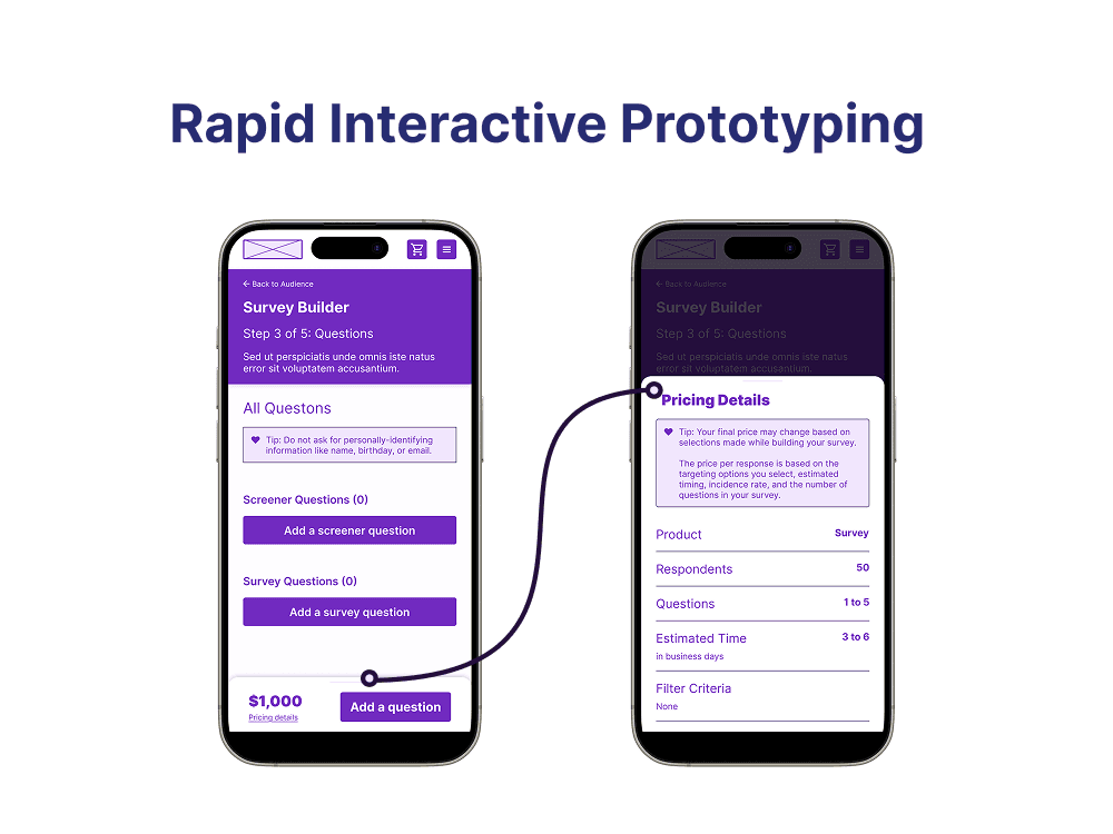 Two screens of an interactive mobile prototype connected by a curved line.