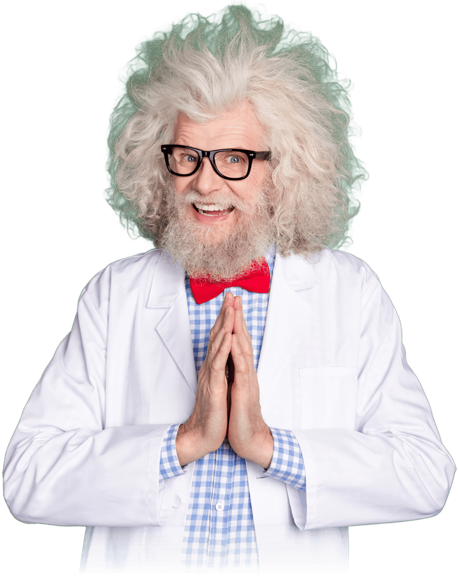 brilliant scientist, Einstein lookalike figure, smiling with hands together