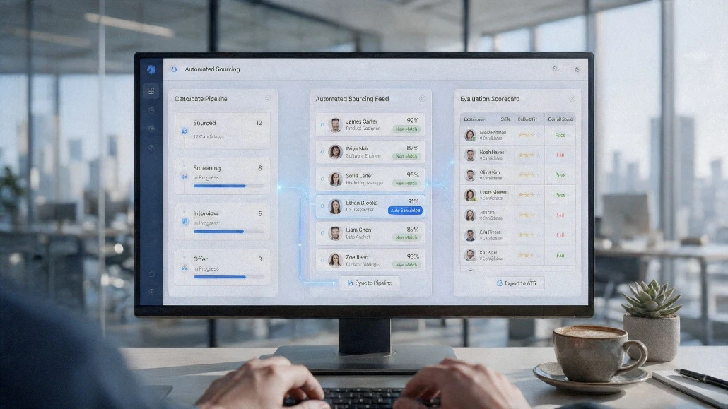 Agentic recruitment platform dashboard showing automated candidate sourcing, pipeline tracking, and evaluation scorecard with match percentages on a desktop monitor