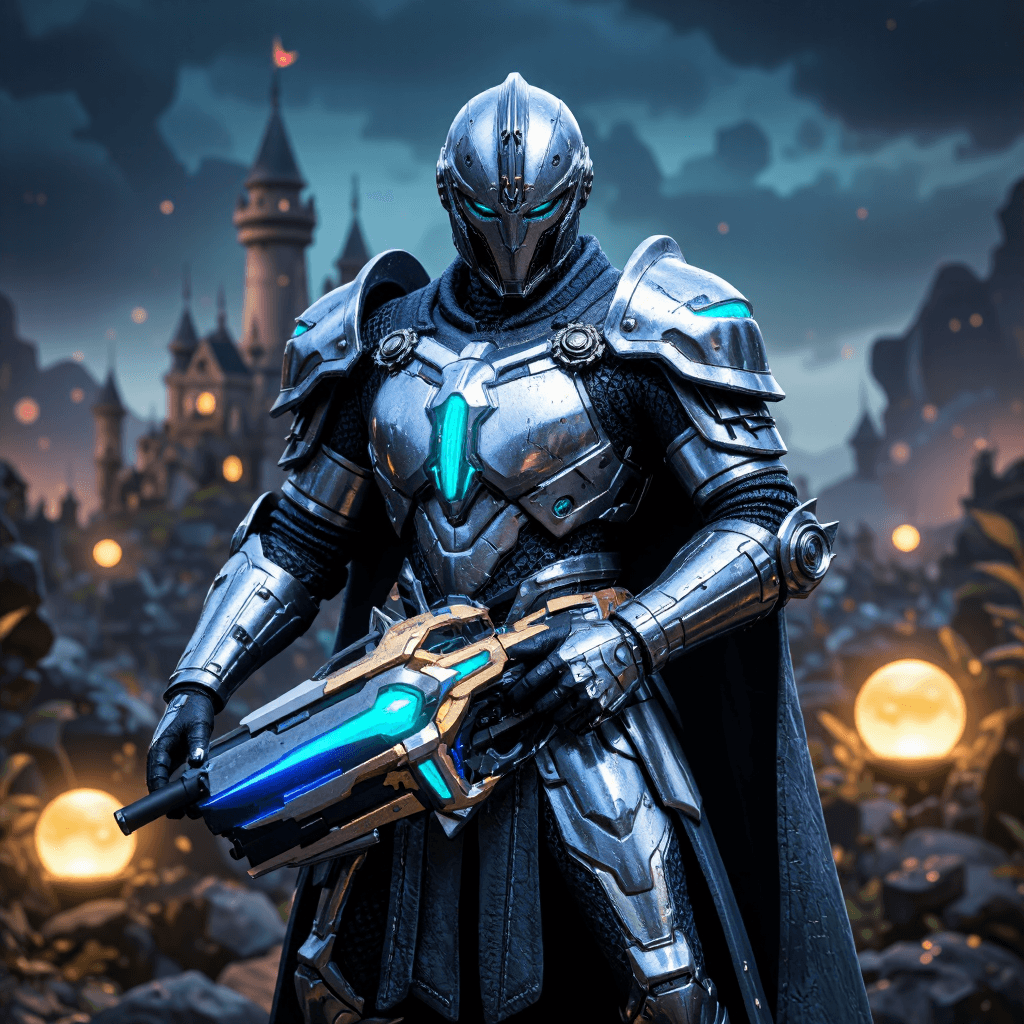 product photography of a 3D character model of a knight holding a futuristic weapon