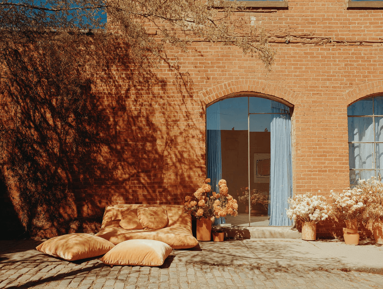 Brick building facade with arched windows and floor cushions in a courtyard