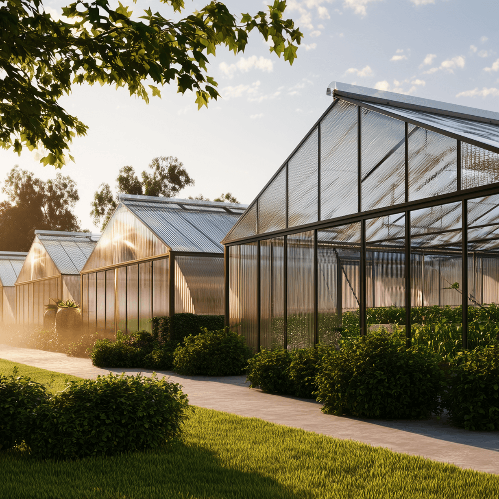 Femme souriante arrosant des plantes vertes dans une serre, portant un tablier et un arrosoir.