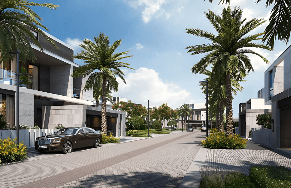 A modern street lined with palm trees and parked cars, featuring the Lua Residences in the background.