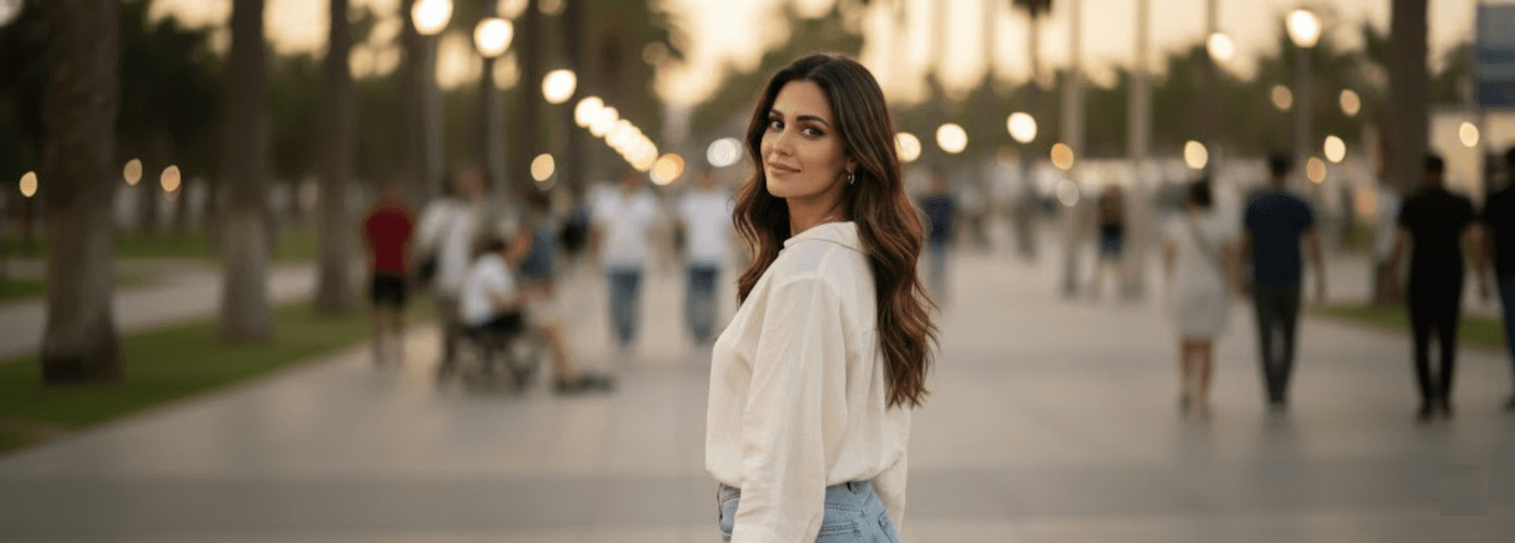 AI virtual influencer in an evening city scene, highlighting versatility in AI-generated visual content.
